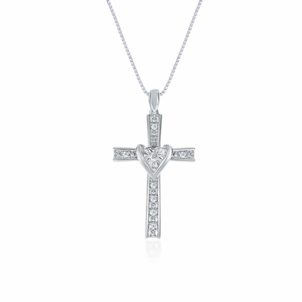 La Joya Petite 1/8 Carat Total Weight Lab Grown Diamond Cross Necklace For Women Set in White Rhodium Plated 925 Sterling Silver
