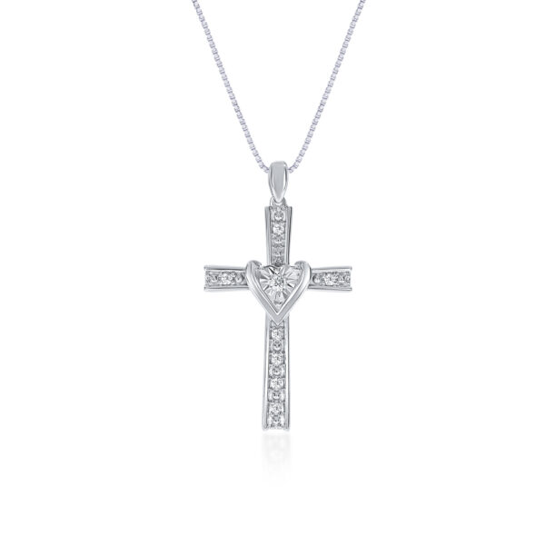 Lab Created Silver Diamond Cross Necklace with Heart Motif
