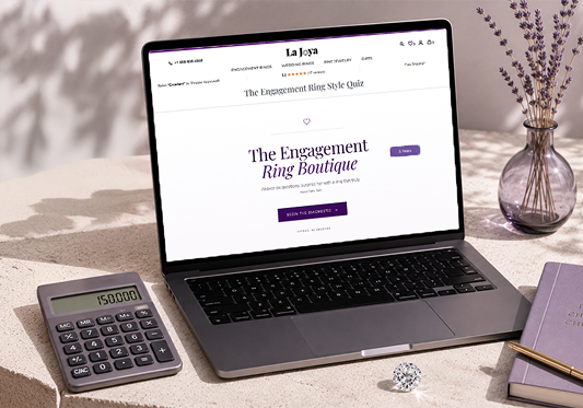 Flat lay showcasing custom engagement ring design sketches, a purple colored pencil, ring settings, and loose lab-grown diamonds.