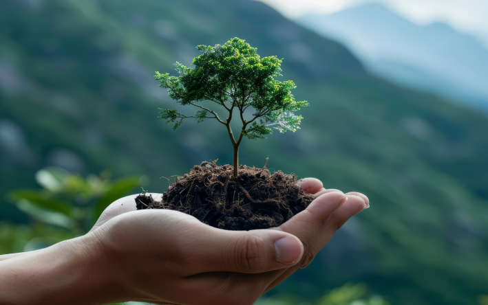 closeup of a persons hand with their palm holding a new plant sapling