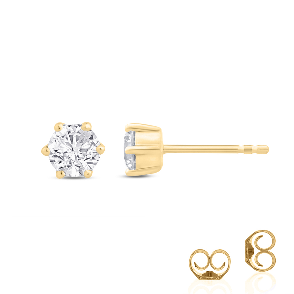 Lab Grown Yellow Gold Six Prong Diamond Stud Earrings | 3/4