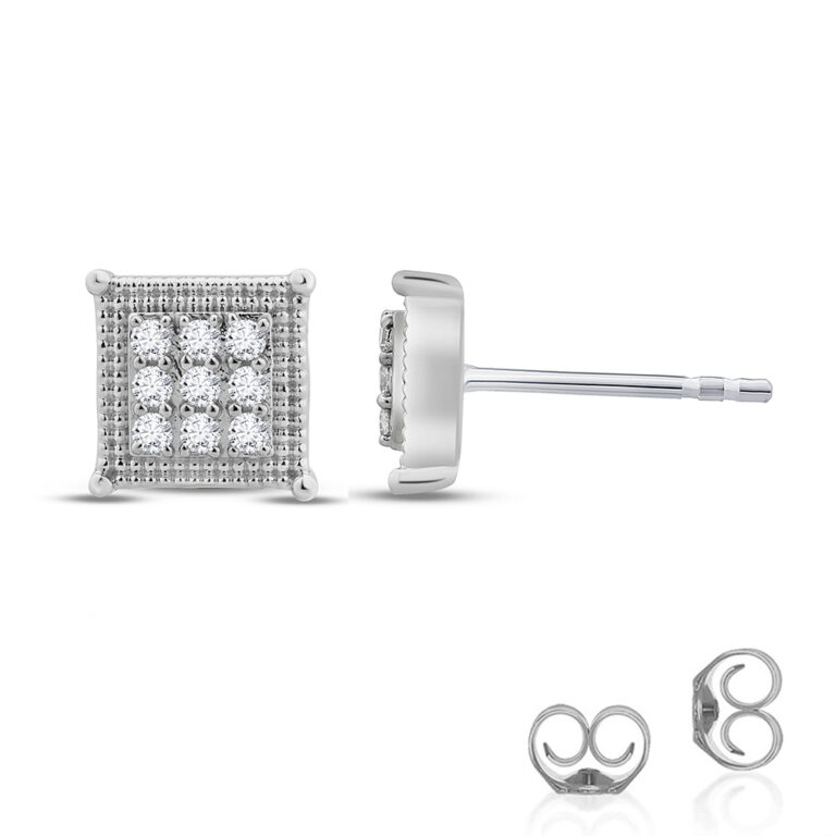 Lab Grown Square Shaped Milgrain 925 Sterling Silver Diamond Stud Earrings