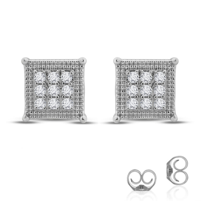 Lab Grown Square Shaped Milgrain 925 Sterling Silver Diamond Stud Earrings