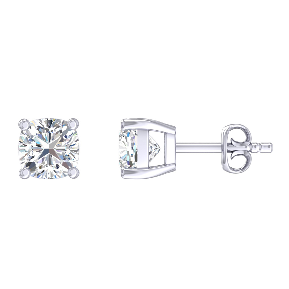 Certified Lab Grown Four Prong Cushion Cut Diamond Stud Earring | 14K White Gold 5 ct. tw.