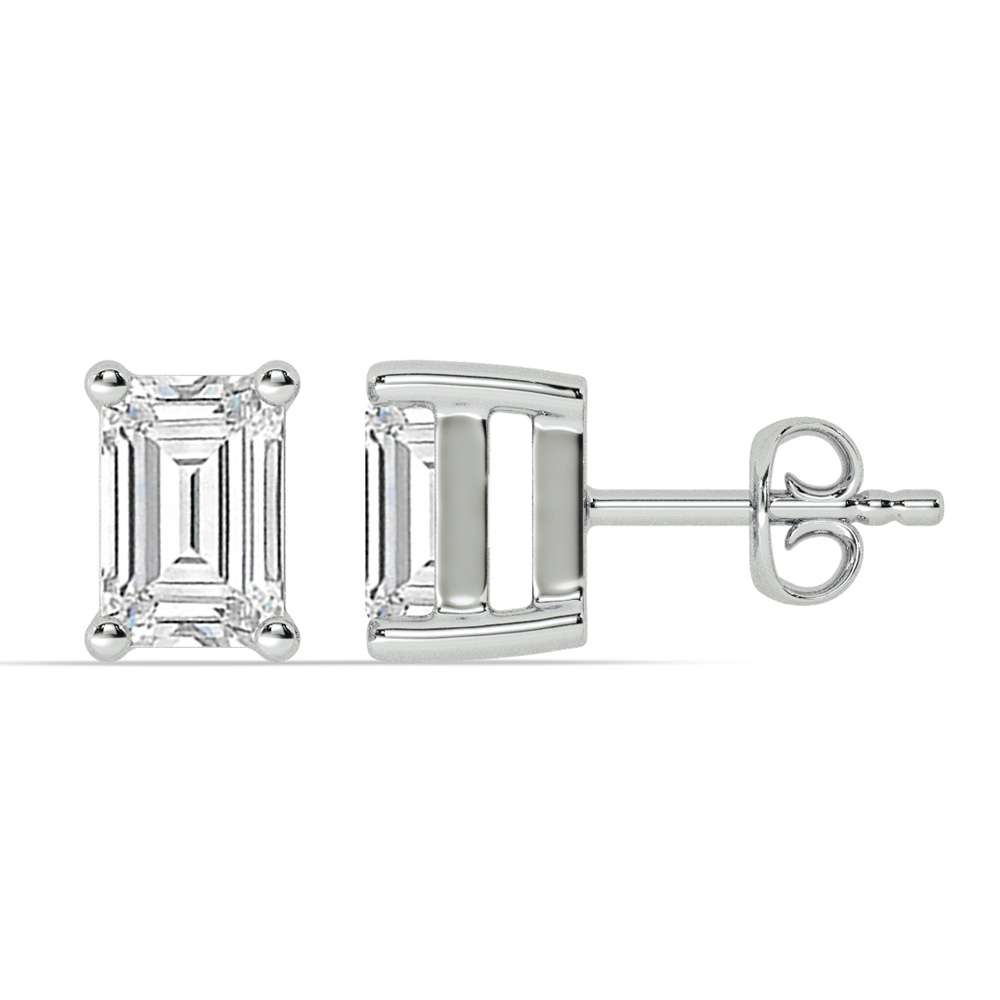 Certified Lab Grown Four Prong Emerald Cut Diamond Stud Earring | 14K White Gold 6 ct. tw.