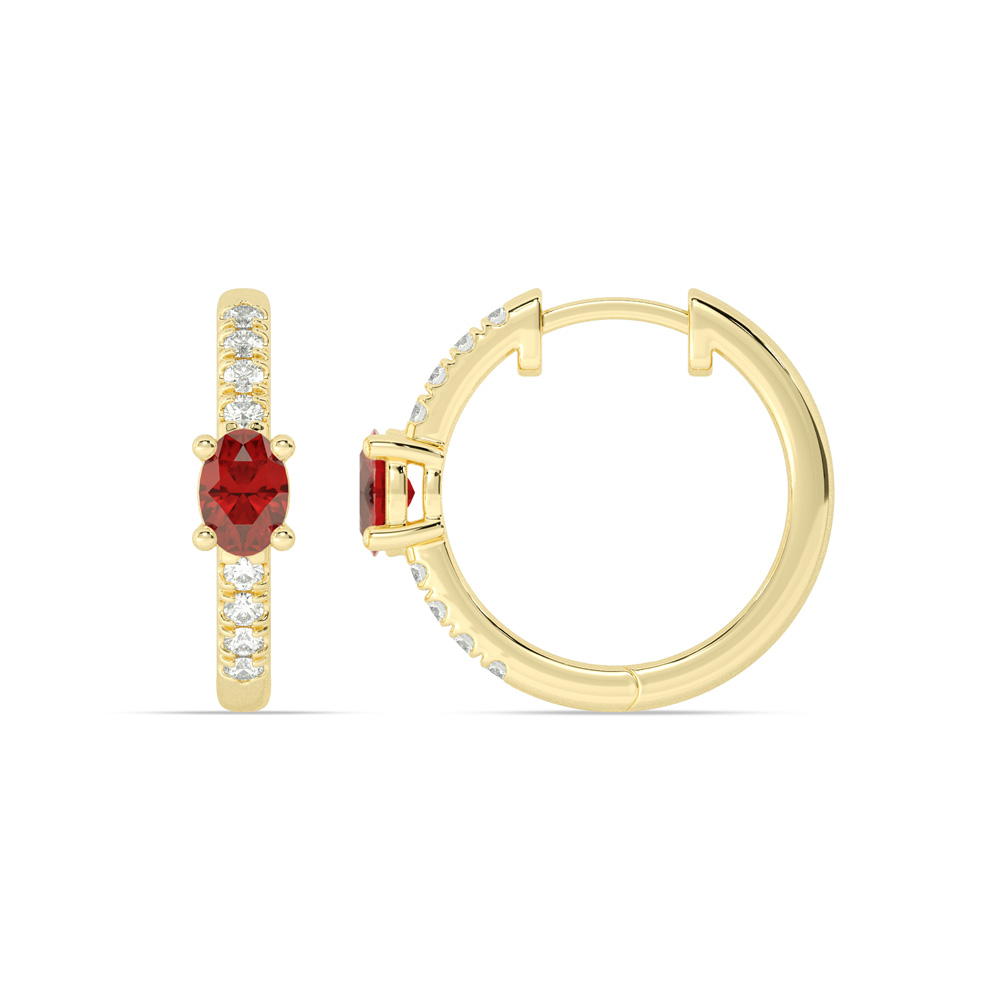 Celestial Stop Lab Grown Diamond and Ruby Huggie Earrings | 14K Yellow Gold 1/4 ct.tw. Diamond & 5X3mm Oval Ruby