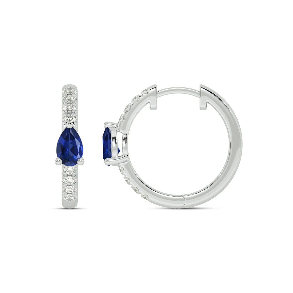 Celestial Tear Drop Lab Grown Diamond and Sapphire Huggie Earrings | 14K White Gold 1/4 ct. tw. Diamond & 6X4mm Pear Shaped Sapphire