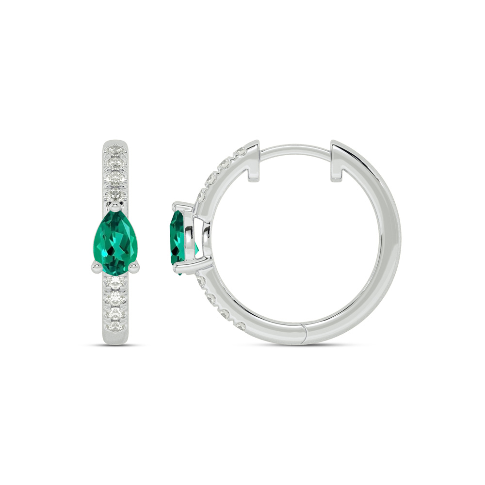 Celestial Tear Drop Lab Grown Diamond and Emerald Huggie Earrings | 14K White Gold 1/4 ct. tw. Diamond & 6X4mm Pear Shaped Emerald
