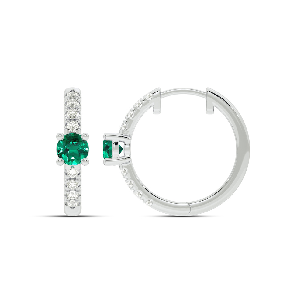 Celestial Star Lab Grown Diamond and Emerald Huggie Earrings | 14K White Gold 1/4 ct.tw. Diamond & 4mm Round Emerald