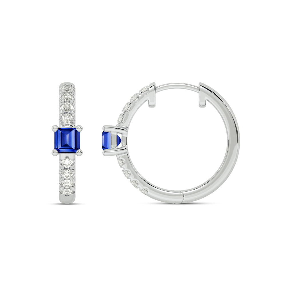 Celestial Princess Lab Grown Diamond and Sapphire Huggie Earrings | 14K White Gold 1/4 ct.tw. Diamond & 3.25X3.25mm Princess Cut Sapphire