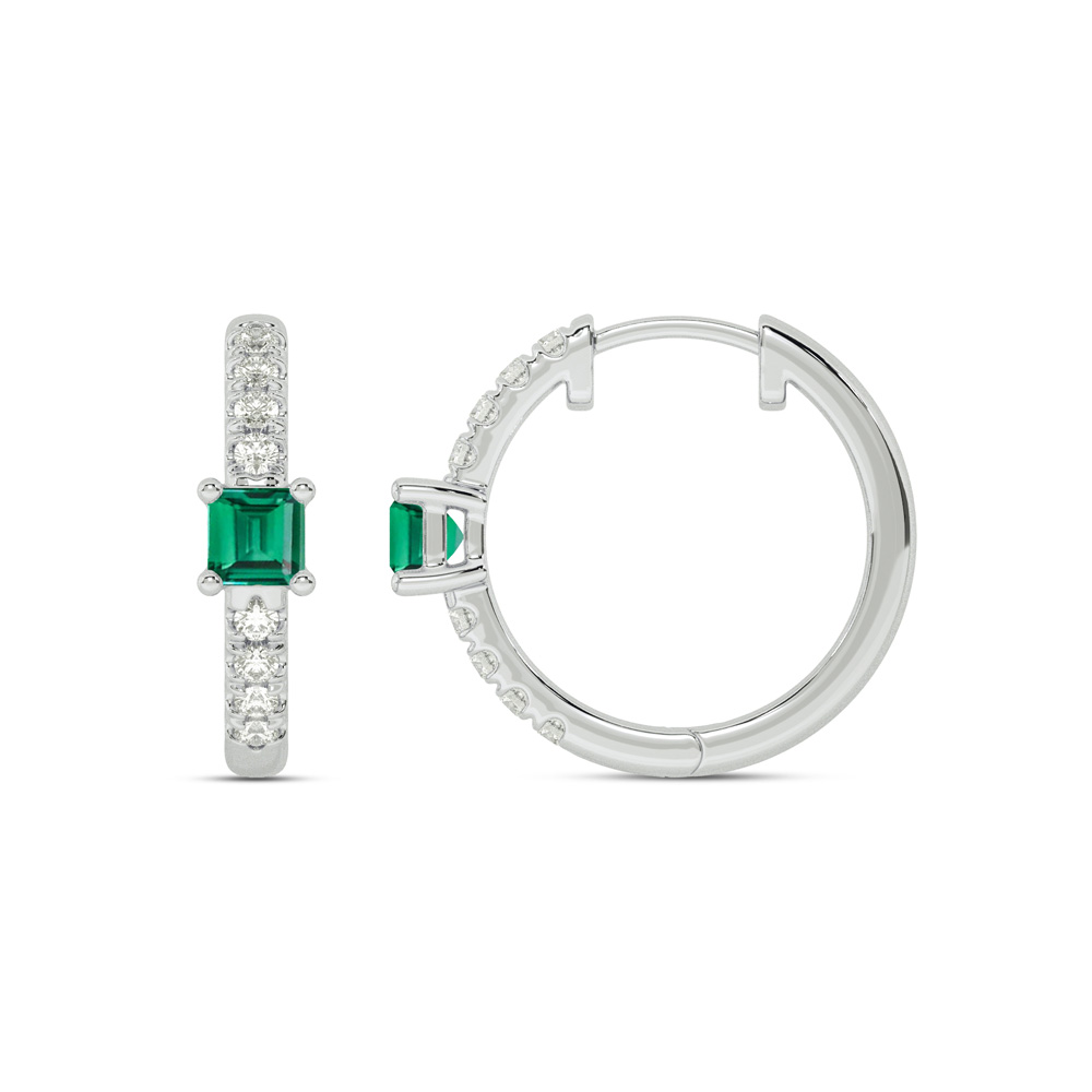 Celestial Princess Lab Grown Diamond and Emerald Huggie Earrings | 14K White Gold 1/4 ct.tw. Diamond & 3.25X3.25mm Princess Cut Emerald