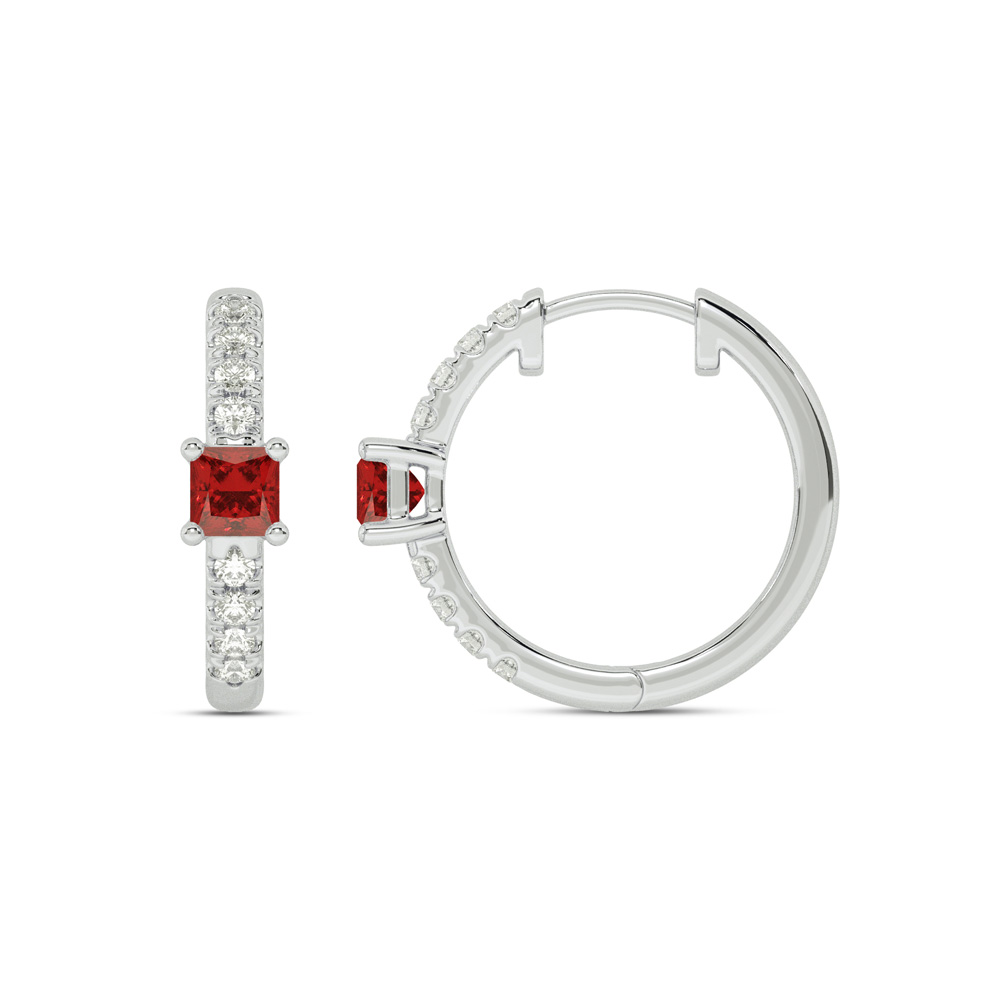 Celestial Princess Lab Grown Diamond and Ruby Huggie Earrings | 14K White Gold 1/4 ct.tw. Diamond & 3.25X3.25mm Princess Cut Ruby