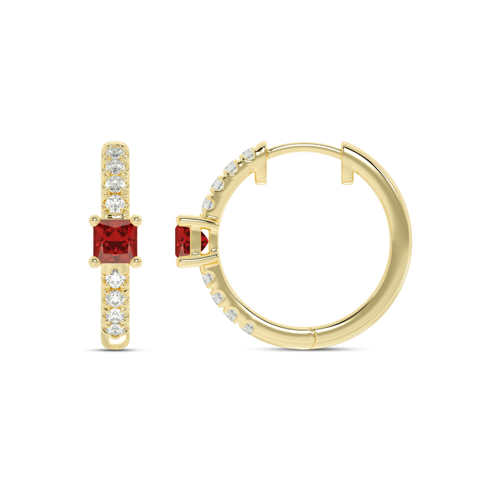 Celestial Princess Lab Grown Diamond and Ruby Huggie Earrings | 14K Yellow Gold 1/4 ct.tw. Diamond & 3.25X3.25mm Princess Cut Ruby