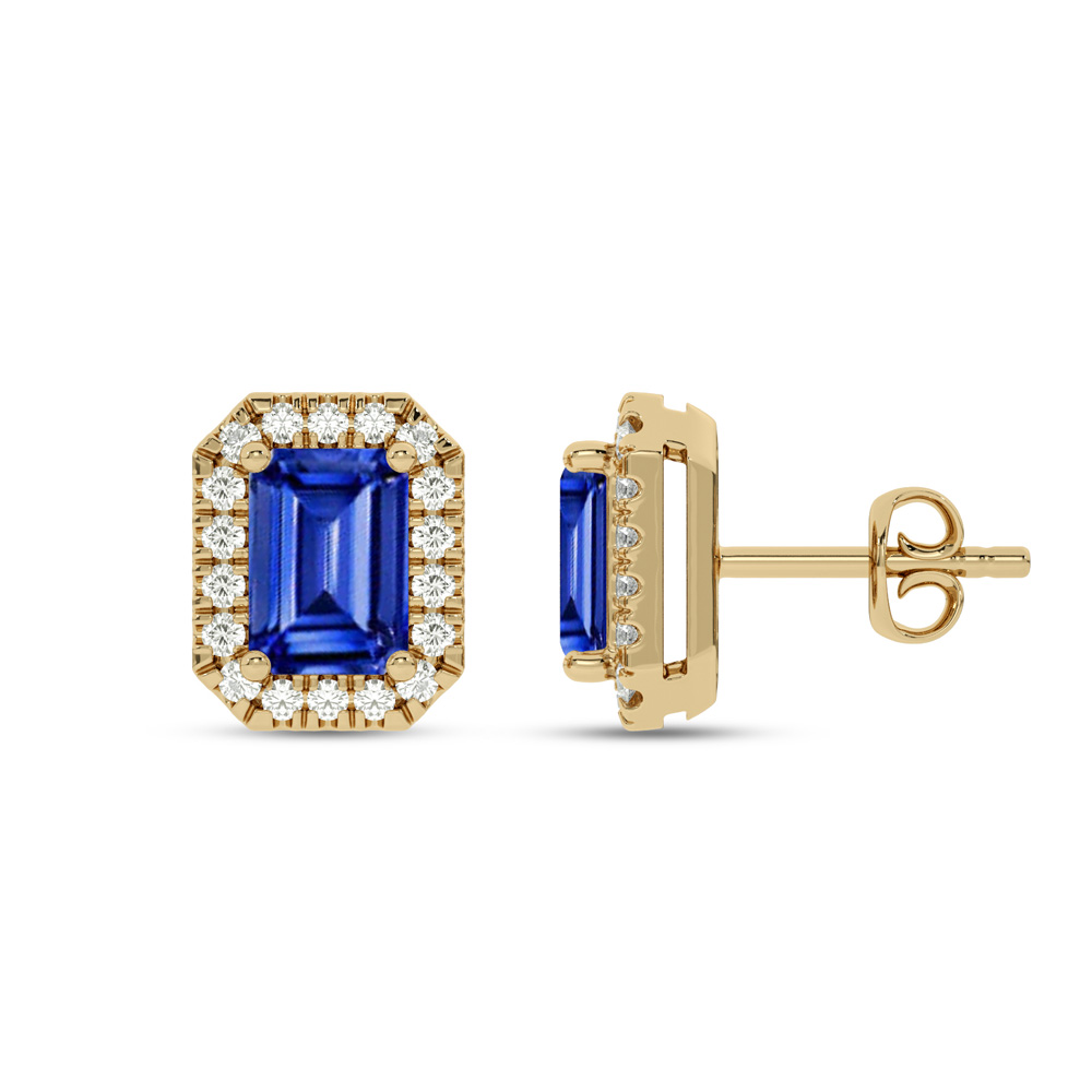 Opulent Lab Grown Diamond Imperial Halo Earrings | 14K Yellow Gold 3/4 ct. tw. Diamond & 8.5X6.4mm Emerald Cut Sapphire