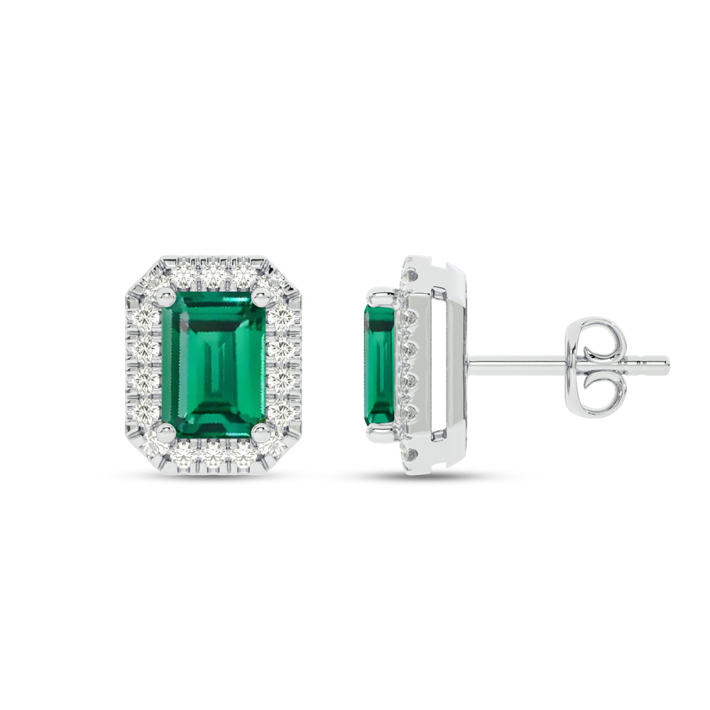 Opulent Lab Grown Diamond Imperial Halo Earrings | 10K White Gold 3/4 ct. tw. Diamond & 8.5X6.4mm Emerald Cut Green Emerald