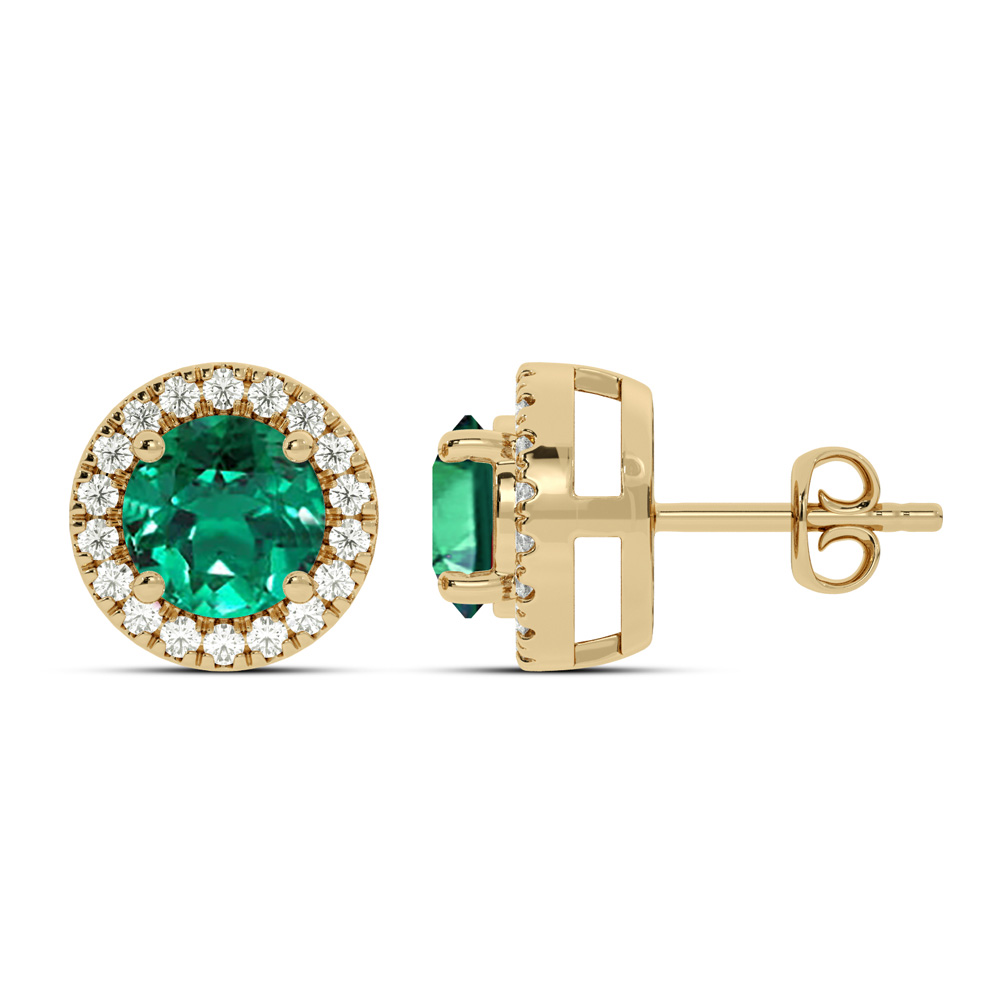 Opulent Lab Grown Diamond Dynasty Halo Earrings | 14K Yellow Gold 2 3/4 ct.tw. Diamond & 8.0mm Round Emerald