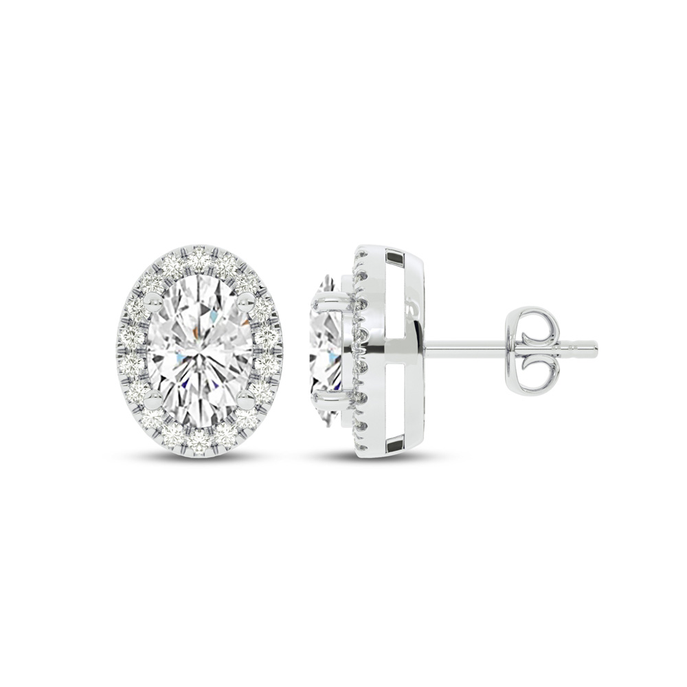 La Joya Jewelry Dainty Lab Grown Diamond Imperial Halo Earrings | 10K White Gold 1/6 ct. tw. Diamond & 5X3mm Emerald Cut Sapphire
