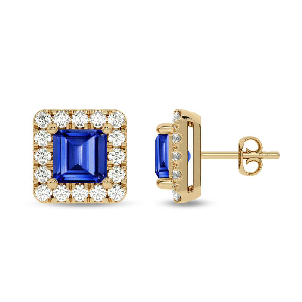 Statement Lab Grown Diamond Regal Halo Earrings | 14K Yellow Gold 1/3 ct. tw. Diamond & 4.5X4.5mm Princess Cut Sapphire