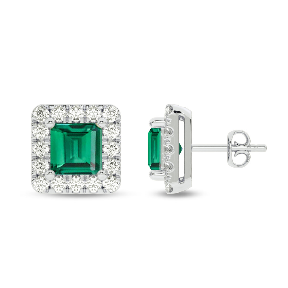 Grand Lab Grown Diamond Regal Halo Earrings | 14K White Gold 3/4 ct. tw. Diamond & 5.5X5.5mm Princess Cut Emerald
