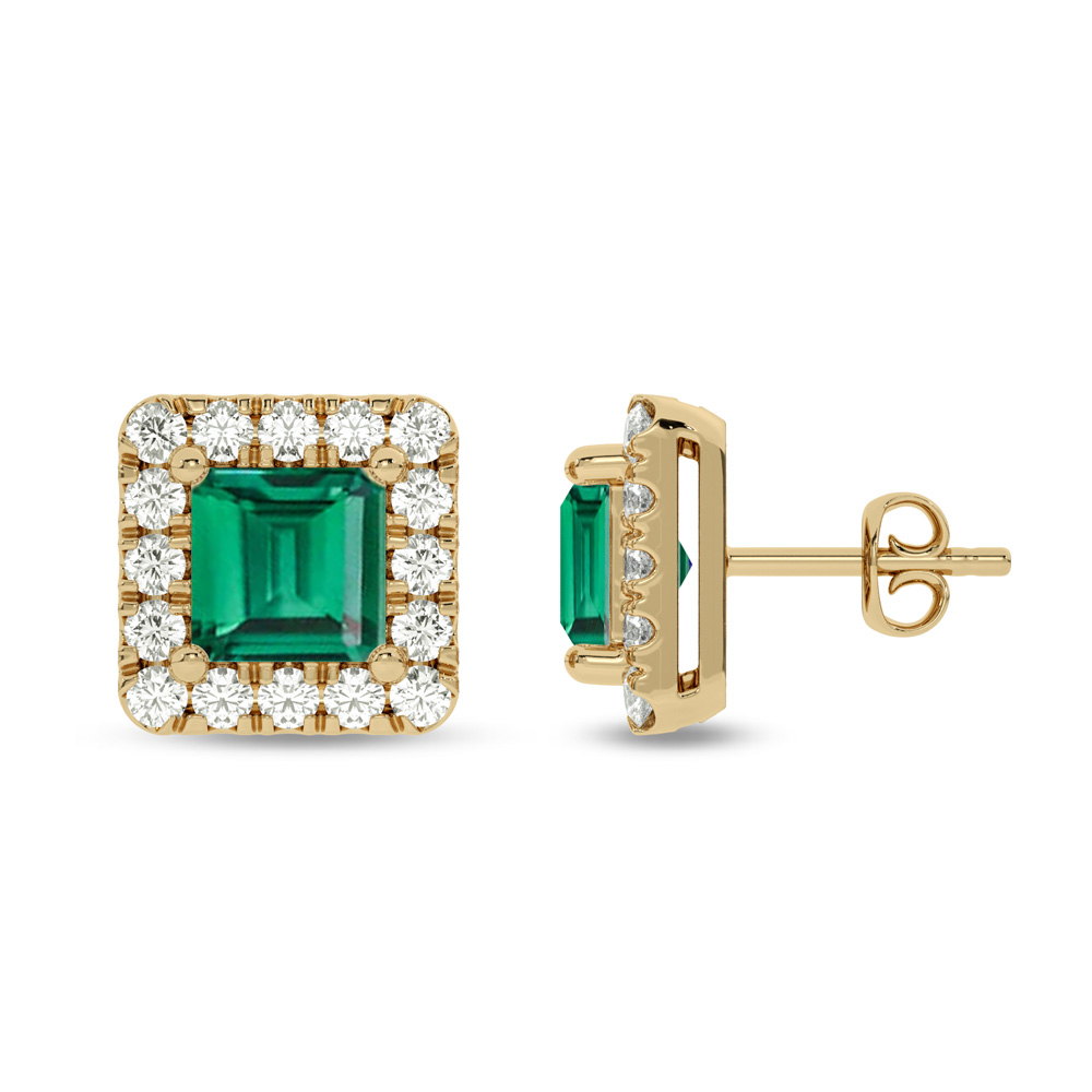Grand Lab Grown Diamond Regal Halo Earrings | 14K Yellow Gold 3/4 ct. tw. Diamond & 5.5X5.5mm Princess Cut Emerald