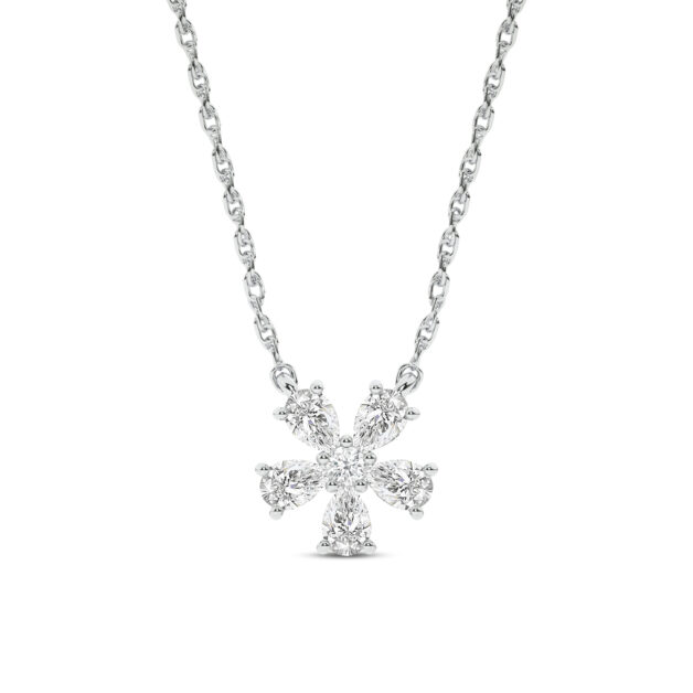 Close-up of a model wearing the Blossoming Brilliance lab grown diamond necklace in yellow gold