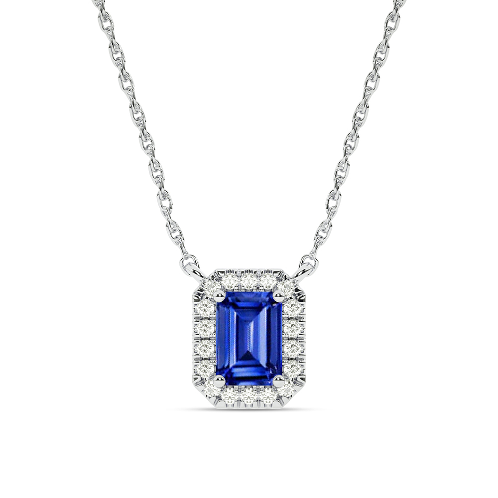Opulent Lab Created Imperial Halo Diamond Necklace | 10K White Gold 1/3 ct. tw. Diamond & 8.5X6.4mm Emerald Cut Sapphire