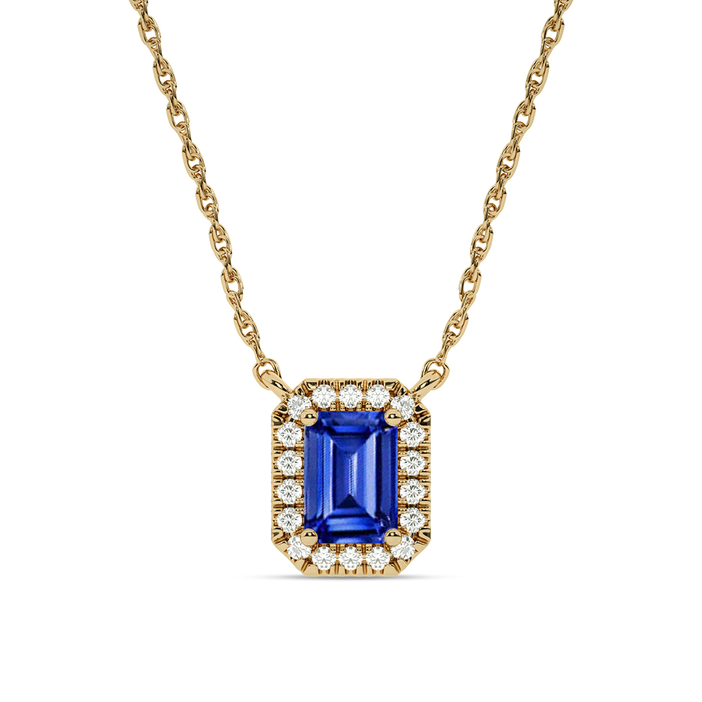 Opulent Lab Created Imperial Halo Diamond Necklace | 10K Yellow Gold 1/3 ct. tw. Diamond & 8.5X6.4mm Emerald Cut Sapphire