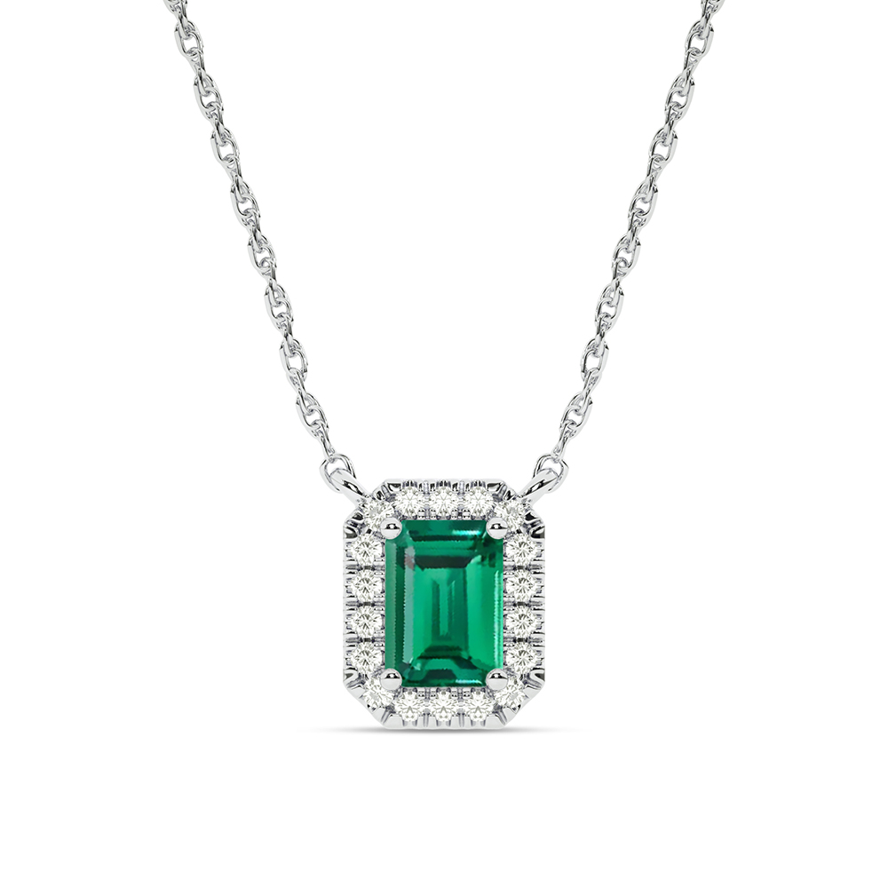 Opulent Lab Created Imperial Halo Diamond Necklace | 10K White Gold 1/3 ct. tw. Diamond & 8.5X6.4mm Emerald Cut Green Emerald