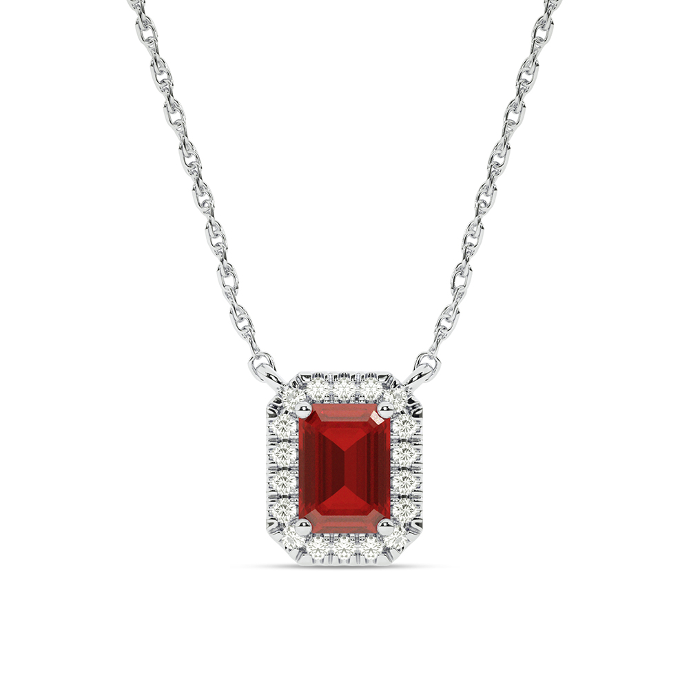 Opulent Lab Created Imperial Halo Diamond Necklace | 10K White Gold 1/3 ct. tw. Diamond & 8.5X6.4mm Emerald Cut Ruby