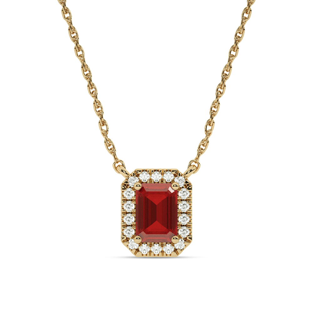 Opulent Lab Created Imperial Halo Diamond Necklace | 10K Yellow Gold 1/3 ct. tw. Diamond & 8.5X6.4mm Emerald Cut Ruby
