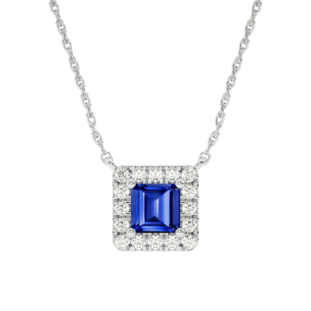 Opulent Lab Created Regal Halo Diamond Necklace | 10K White Gold 3/4 ct. tw. Diamond & 7X7mm Princess Cut Sapphire