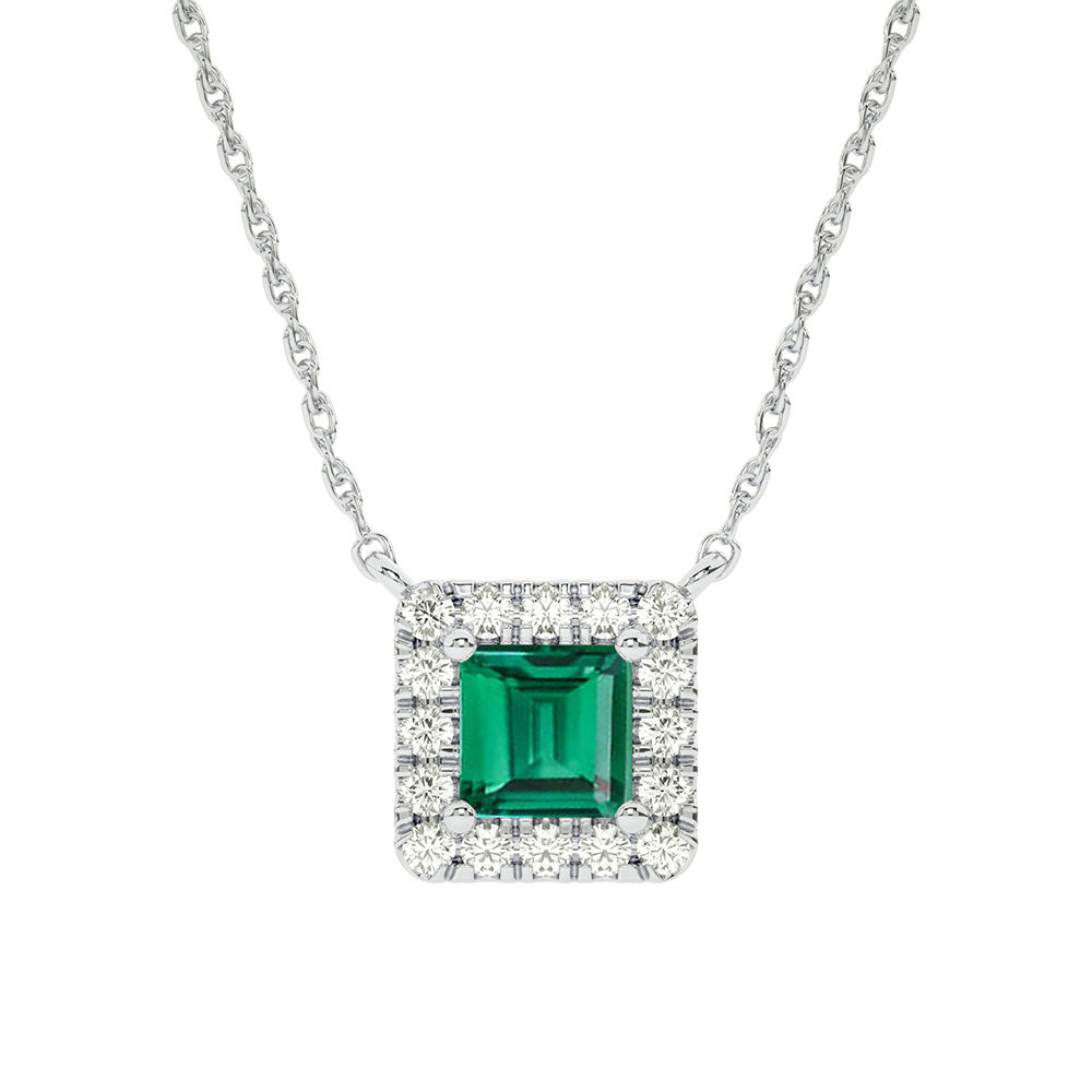 Opulent Lab Created Regal Halo Diamond Necklace | 10K White Gold 3/4 ct. tw. Diamond & 7X7mm Princess Cut Emerald