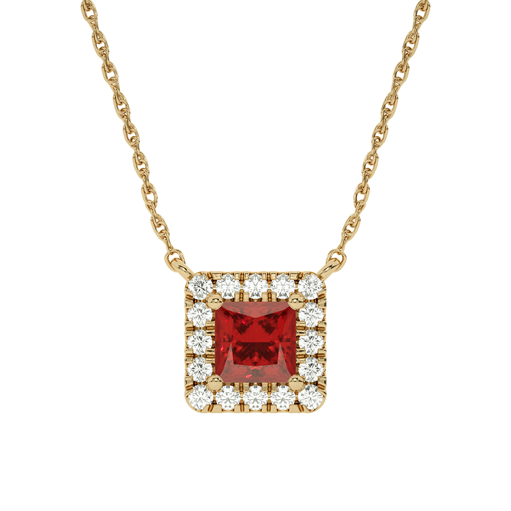 Opulent Lab Created Regal Halo Diamond Necklace | 10K Yellow Gold 3/4 ct. tw. Diamond & 7X7mm Princess Cut Ruby