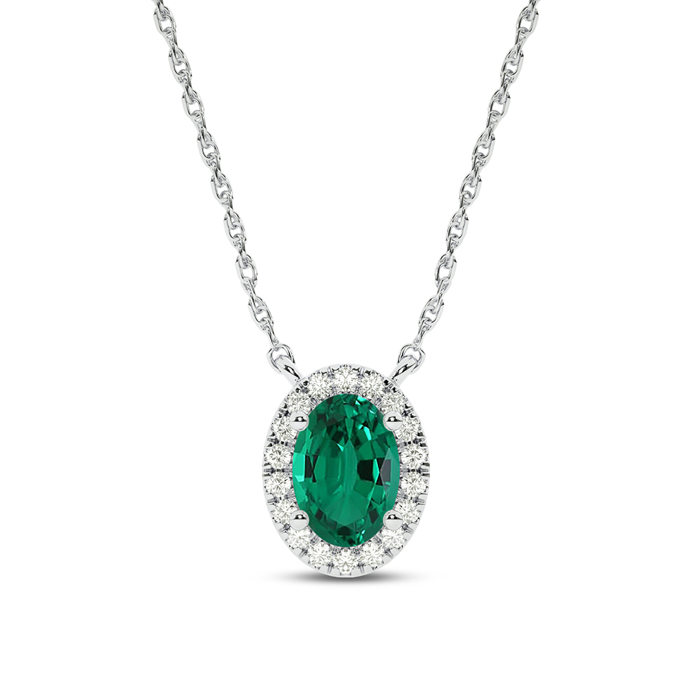 Opulent Lab Created Green Emerald Whisper Halo Diamond Necklace | 10K White Gold 1/2 ct. tw. Diamond & 9X7mm Oval Emerald