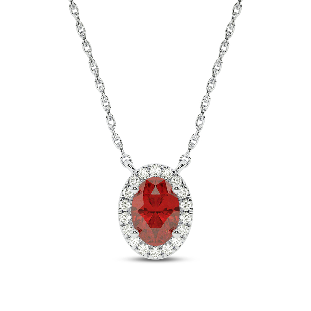 Opulent Lab Created Ruby Whisper Halo Diamond Necklace | 10K White Gold 1/2 ct. tw. Diamond & 9X7mm Oval Ruby