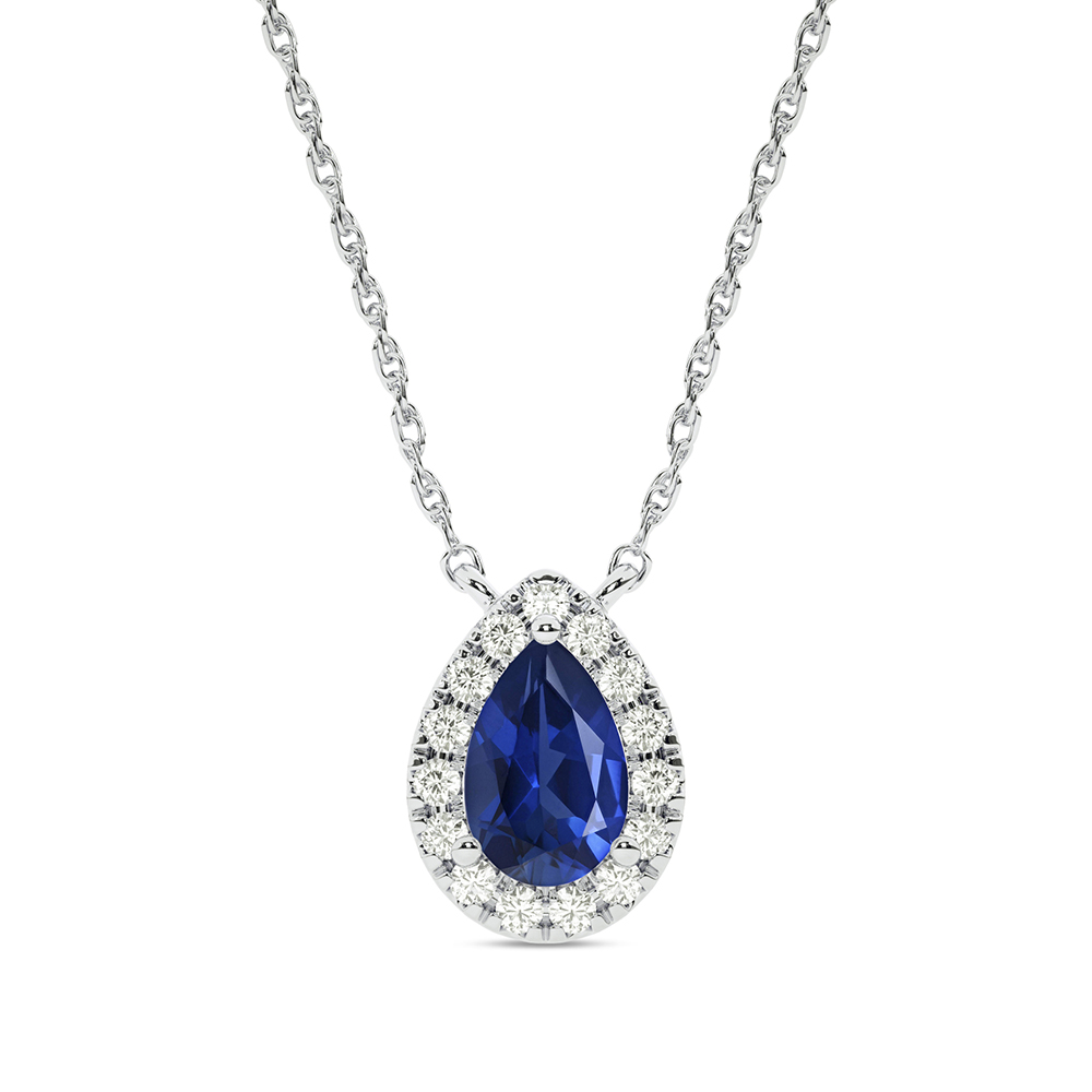 Dainty Lab Created Teardrop Halo Diamond Necklace | 10K White Gold 1/10 ct. tw. Diamond & 5.5X3.5mm Pear Shaped Sapphire