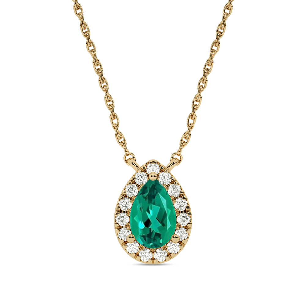 Statement Lab Created Teardrop Halo Diamond Necklace | 10K Yellow Gold 1/6 ct. tw. Diamond & 6.8X4.5mm Pear Shaped Green Emerald