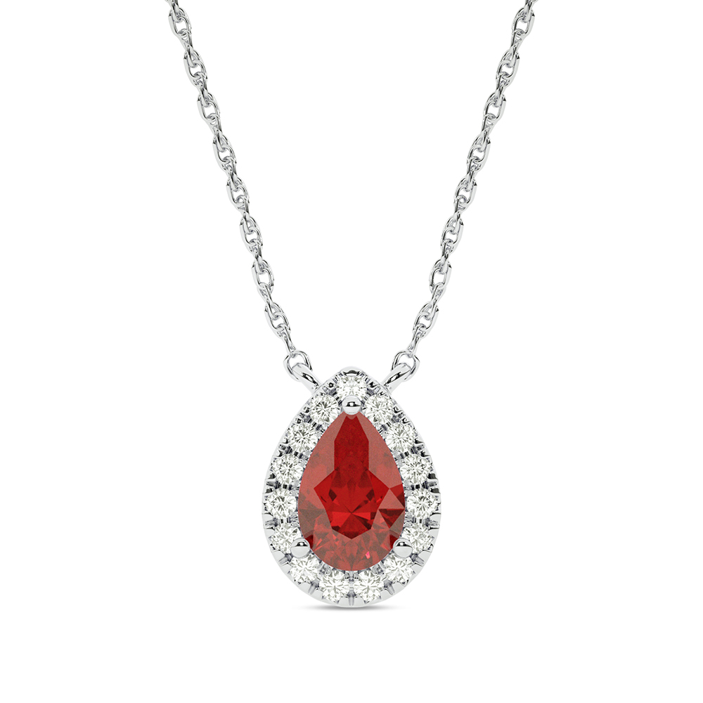 Statement Lab Created Teardrop Halo Diamond Necklace | 10K White Gold 1/6 ct. tw. Diamond & 6.8X4.5mm Pear Shaped Ruby