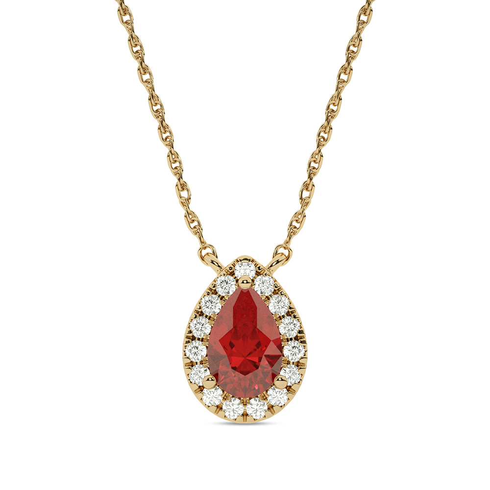 Statement Lab Created Teardrop Halo Diamond Necklace | 10K Yellow Gold 1/6 ct. tw. Diamond & 6.8X4.5mm Pear Shaped Ruby