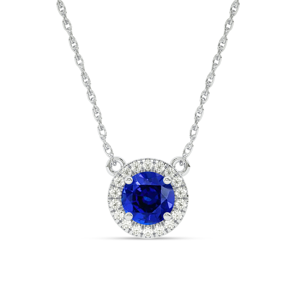 Opulent Lab Created Dynasty Halo Diamond Necklace | 10K White Gold 1/3 ct. tw. Diamond & 8mm Round Sapphire