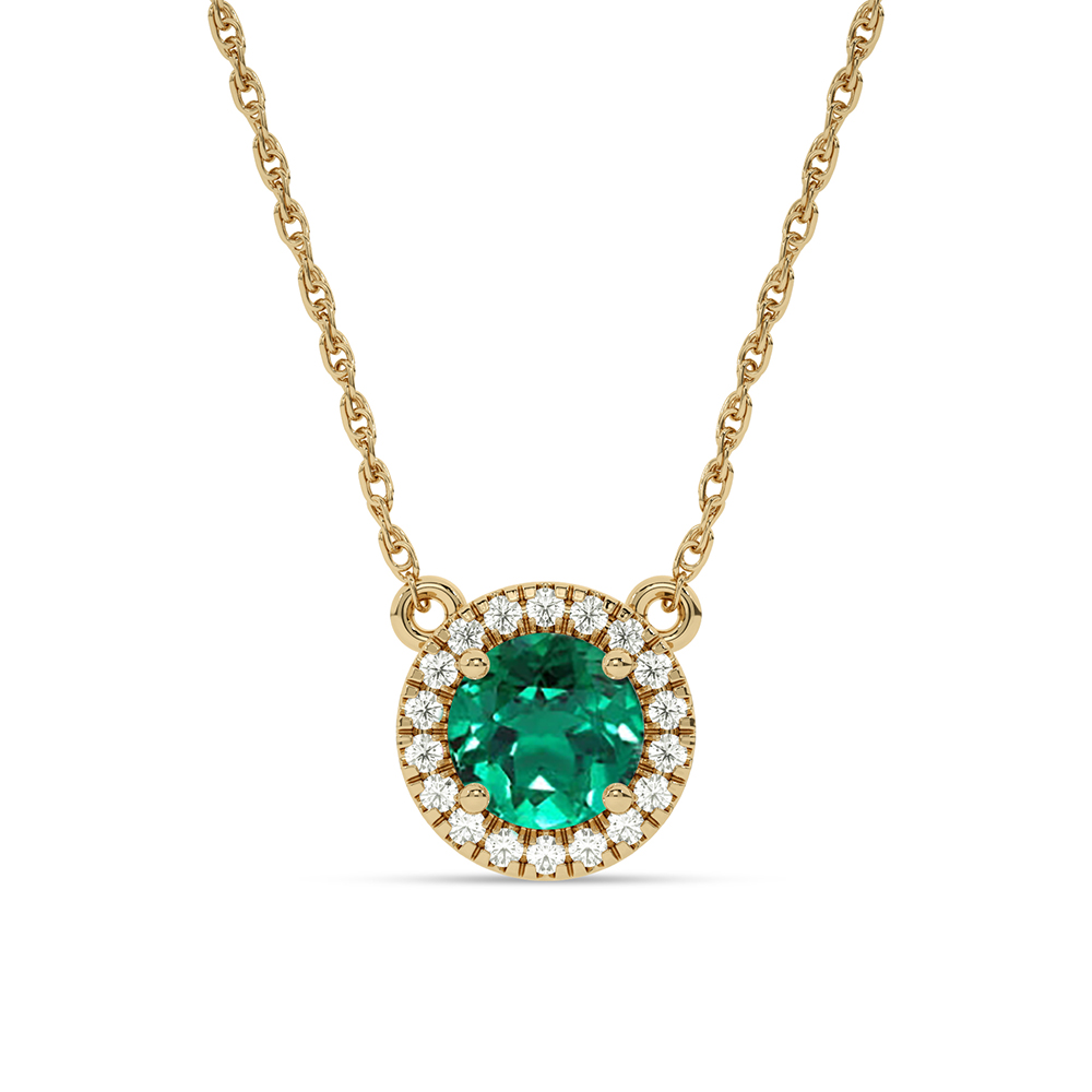 Opulent Lab Created Dynasty Halo Diamond Necklace | 10K Yellow Gold 1/3 ct. tw. Diamond & 8mm Round Emerald