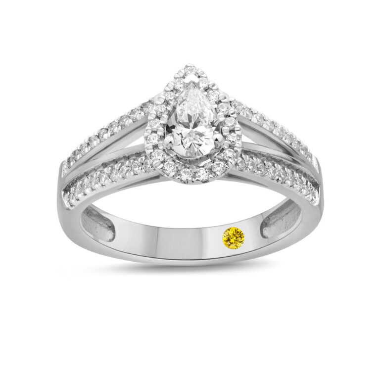 Tearfall Halo Split Shank Lab Grown Pear Shaped Diamond Engagement Ring