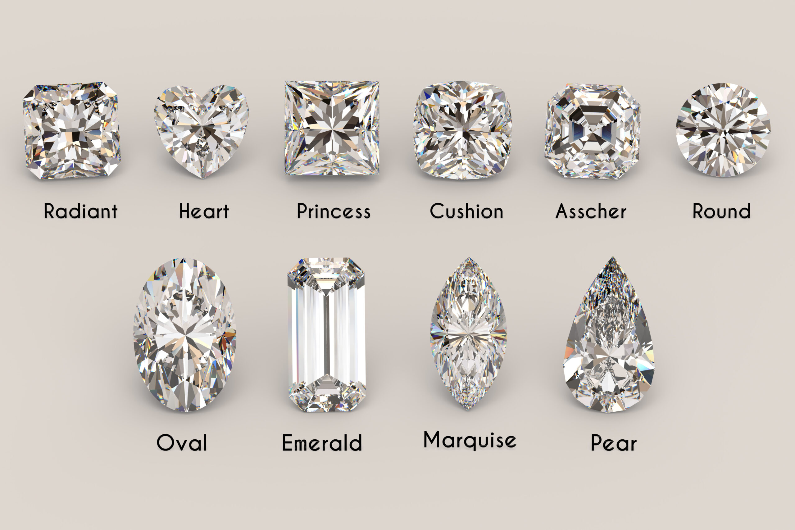 A complete guide to diamond shapes infographic displaying popular engagement ring cuts like Radiant, Heart, Princess, Cushion, Asscher, Round, Oval, Emerald, Marquise, and Pear on a light background.
