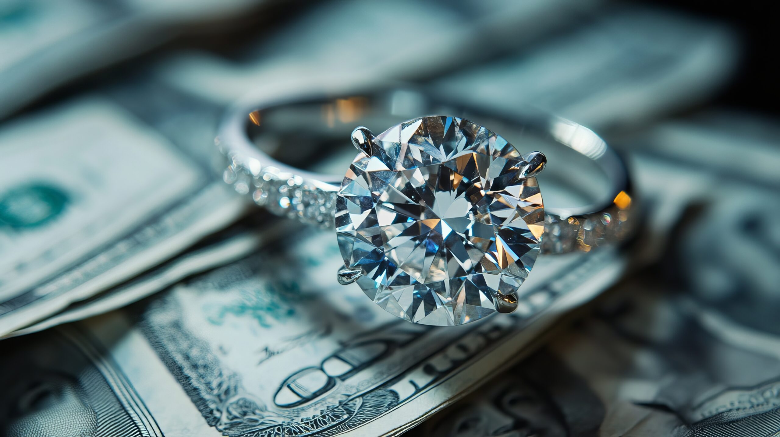 A luxury round brilliant cut diamond engagement ring resting on a stack of US dollar bills, symbolizing diamond cost and value factors.