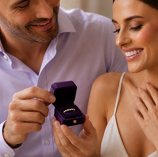 Man presenting a purple jewelry box with a diamond ring to his wife — Romantic lab-grown diamond gifts for wife