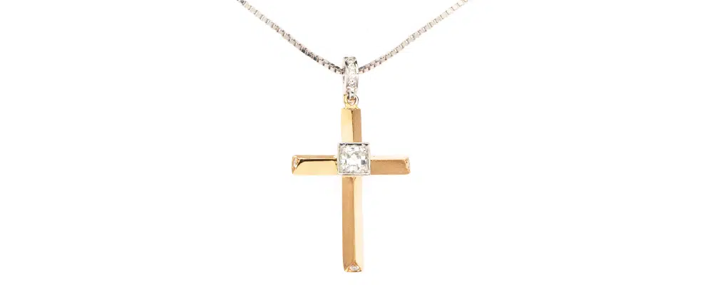 Princess cut lab-grown diamond center cross pendant necklace in two-tone yellow and white gold.