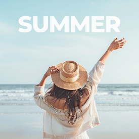 Summer jewelry trends banner with a woman on a sunny beach