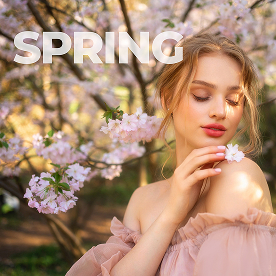 Spring jewelry trends banner with a woman in a floral setting