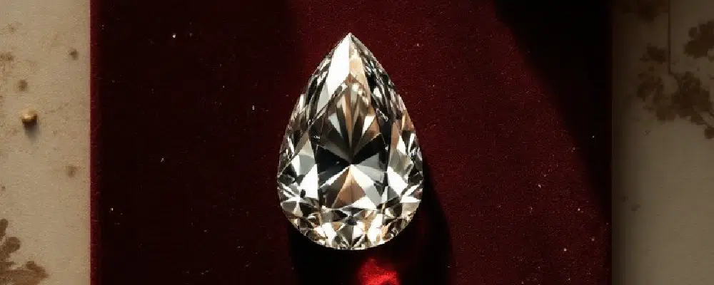 A loose, well-cut pear shaped diamond displaying exceptional brilliance, fire, and scintillation against a dark red velvet background.