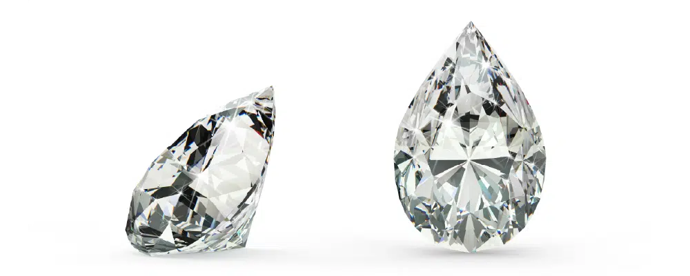 Side profile and face-up views of loose pear shaped diamonds illustrating how facet arrangement and cut proportions maximize light return.